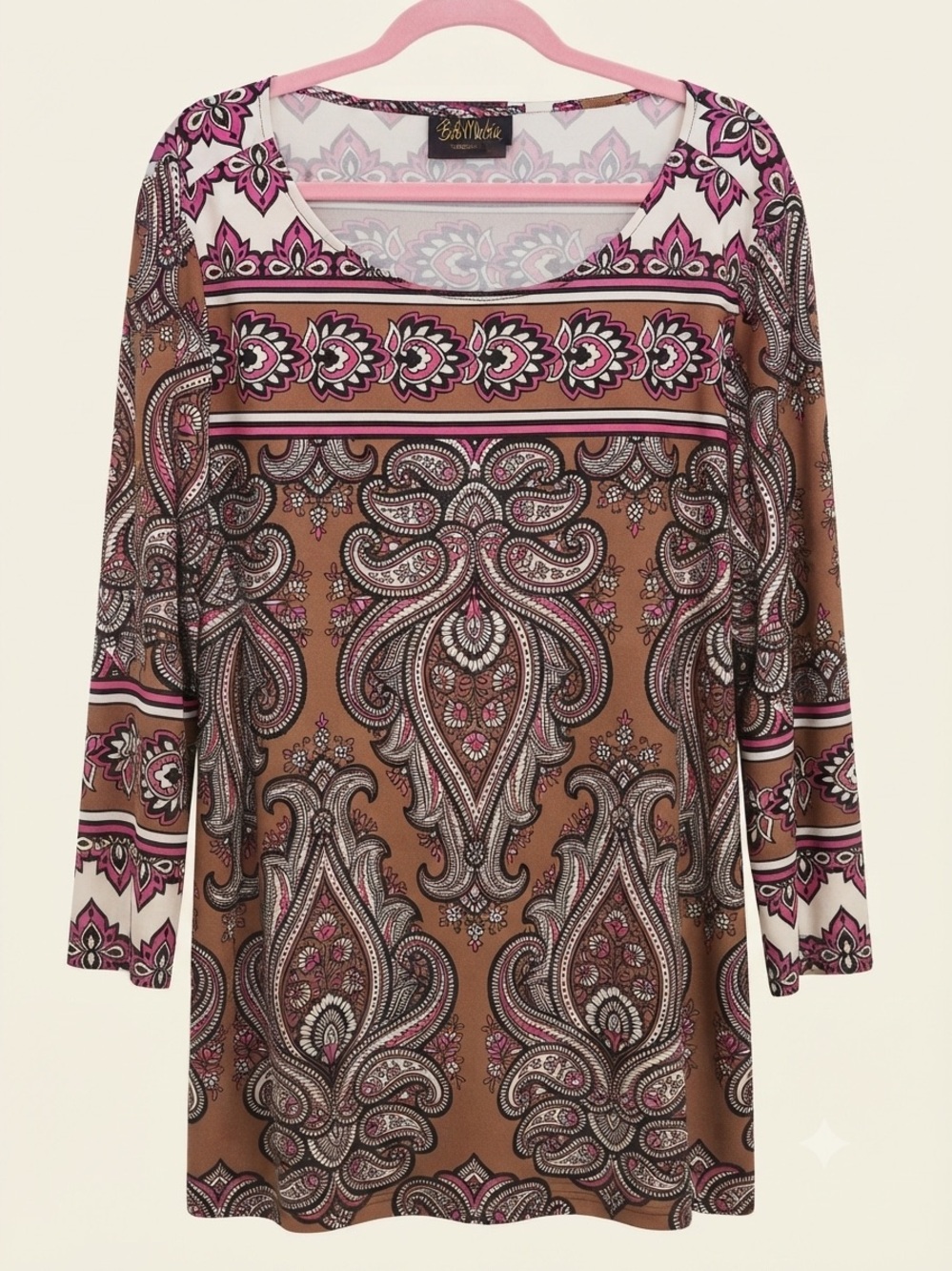 Bob Mackie- Paisley Scoop-Neck Long Sleeve Top - Tan w/ Pink Accents. Size Lg